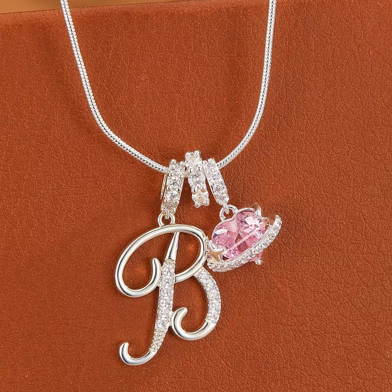 Women's Pink Heart Initial Letter Pendant Clavicle Chain Necklace Jewelry