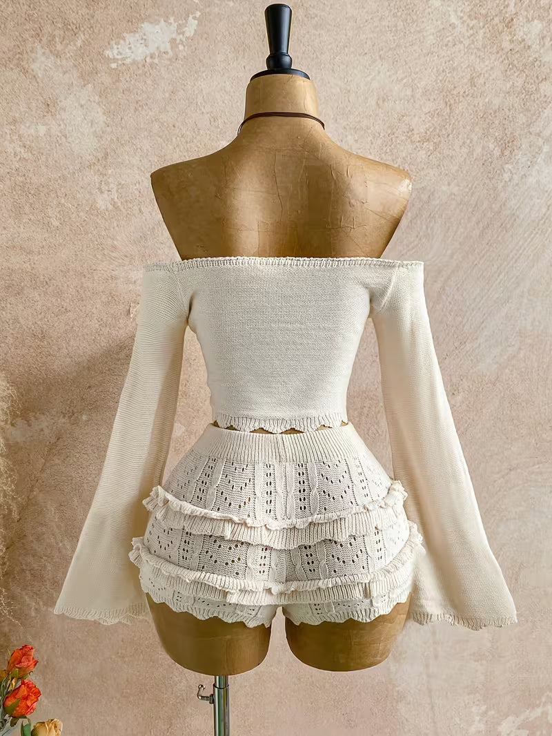 Women's Fashionable Shoulder Tie Front 2-Piece Sweater Set
