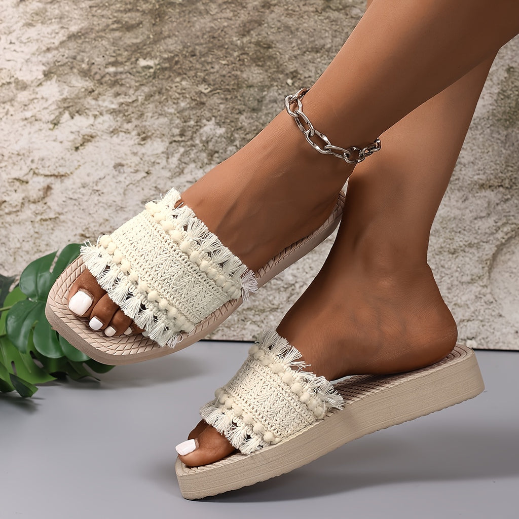 Women's Casual Beach Thick Sole Slides Tassel Sandal