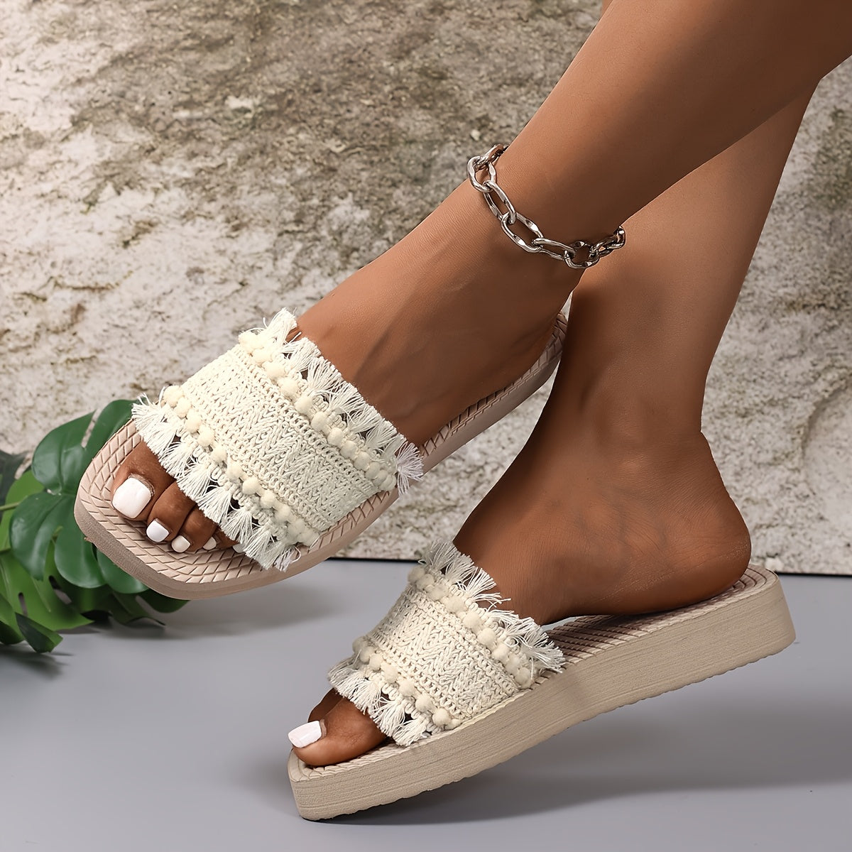 Women's Casual Beach Thick Sole Slides Tassel Sandal
