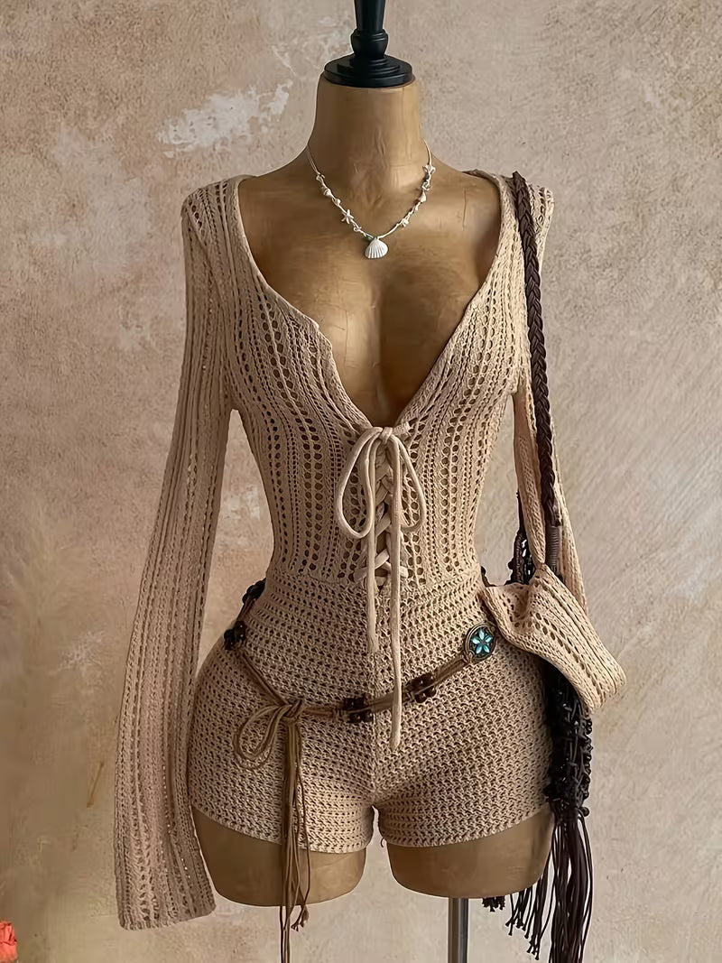 Women's Sexy V-Neck Hollow Backless Bandage Jumpsuit