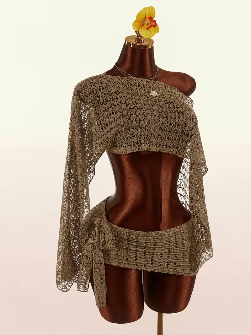Women's Hollow Crochet Off-Shoulder Flared Sleeve Set