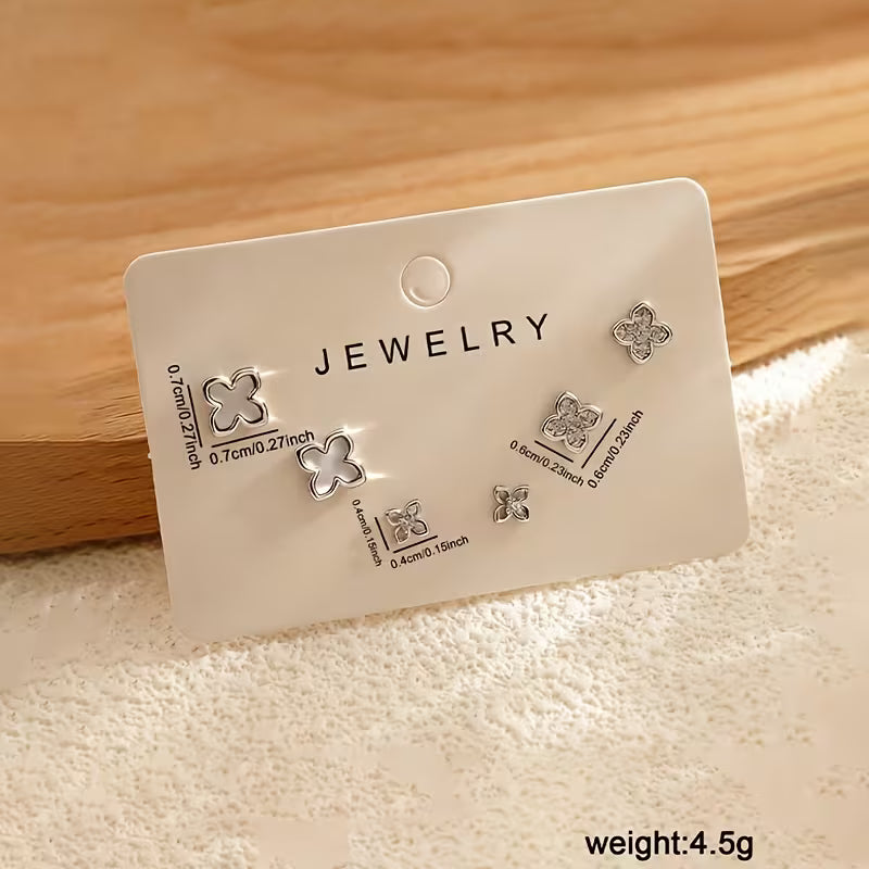 Women's Four-Petal Flower Plated Minimalist Studs Small Hoops Earrings Set