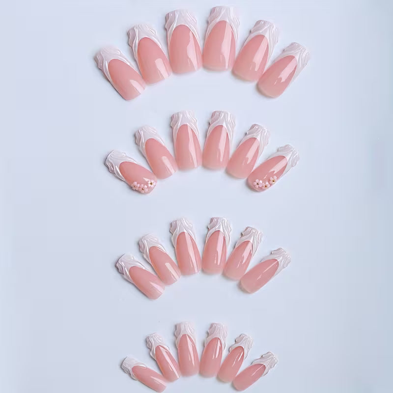 Women's 24-Piece Medium Square Flower Metal Bead Press-On Nails