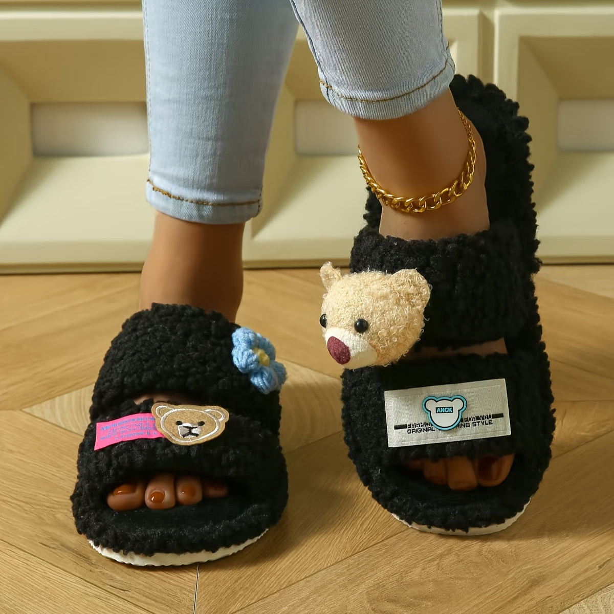 Women's Fluffy Cartoon Bear Patch Flat Sole Slippers