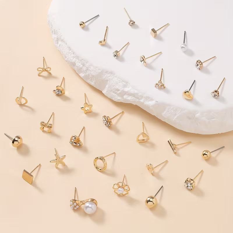 Women's Heart Bow Geometric Plated Glass 30-Pair Stud Earrings Set