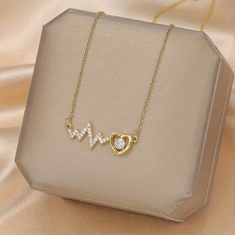 Unisex Heart Pendant Stainless Steel Chain Synthetic Zirconia Necklace