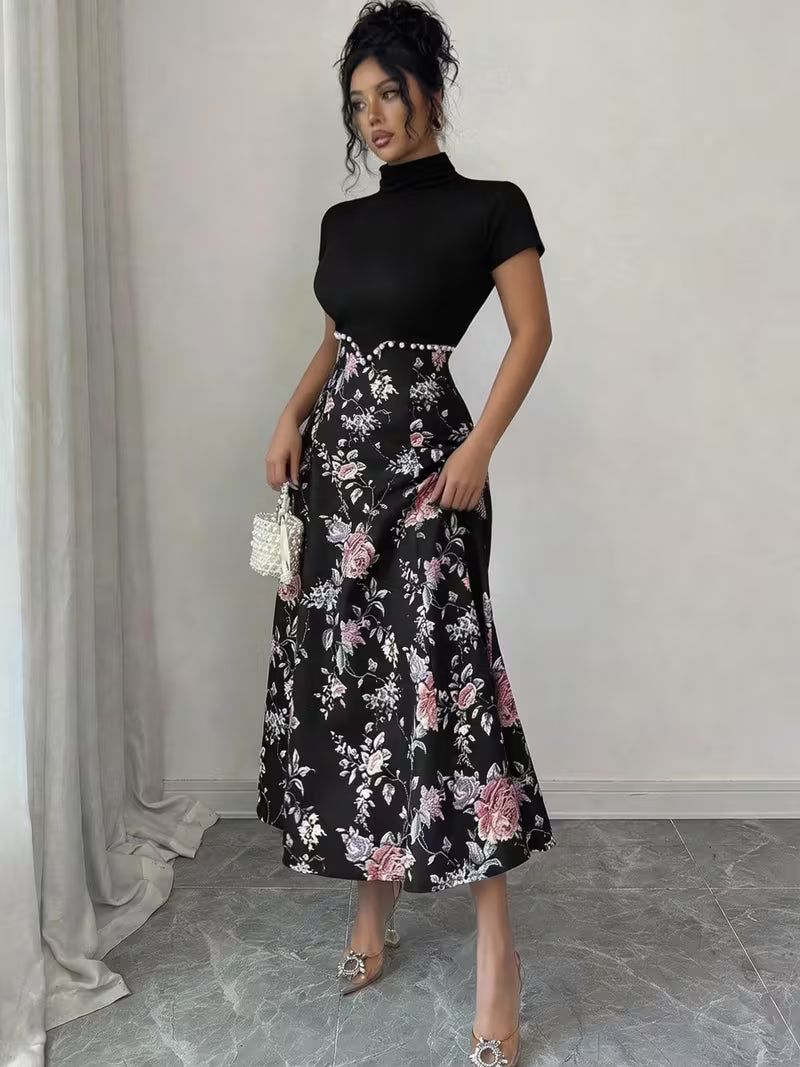 Women's Elegant Floral Print High Neck Dress Beaded Waist