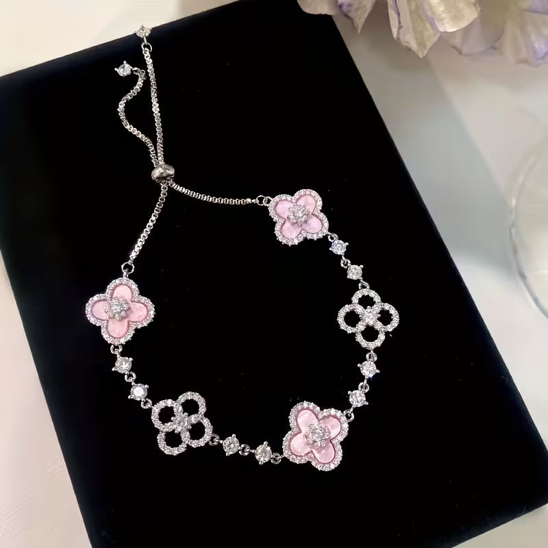 Women's Lucky Clover Charm Adjustable Rhinestone Bracelet Jewelry