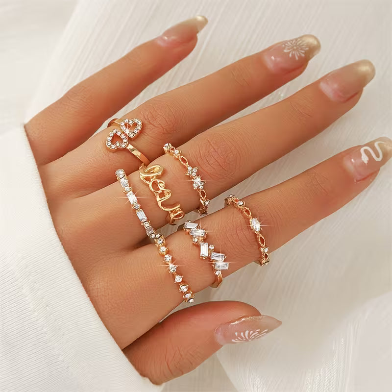Women's Romantic Love Letter LOVER Stackable 7-Piece Ring Set Jewelry