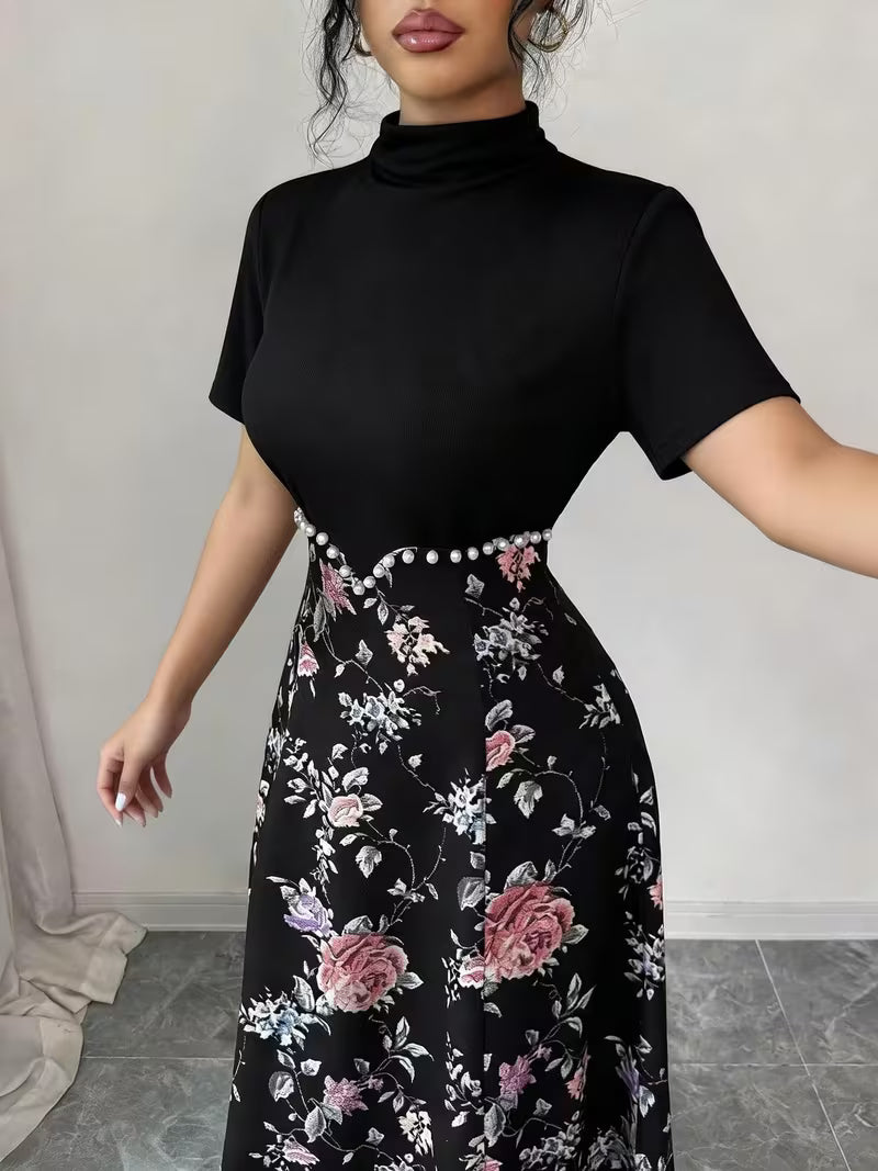 Women's Elegant Floral Print High Neck Dress Beaded Waist