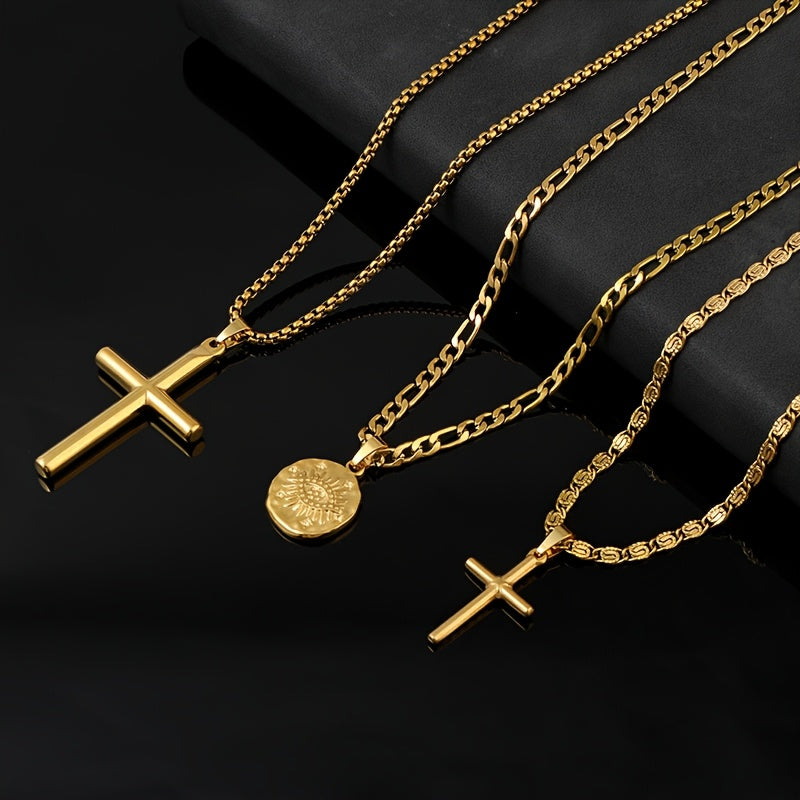Unisex Cross Disc Pendant Plated Stainless Steel 3-Piece Necklace Jewelry
