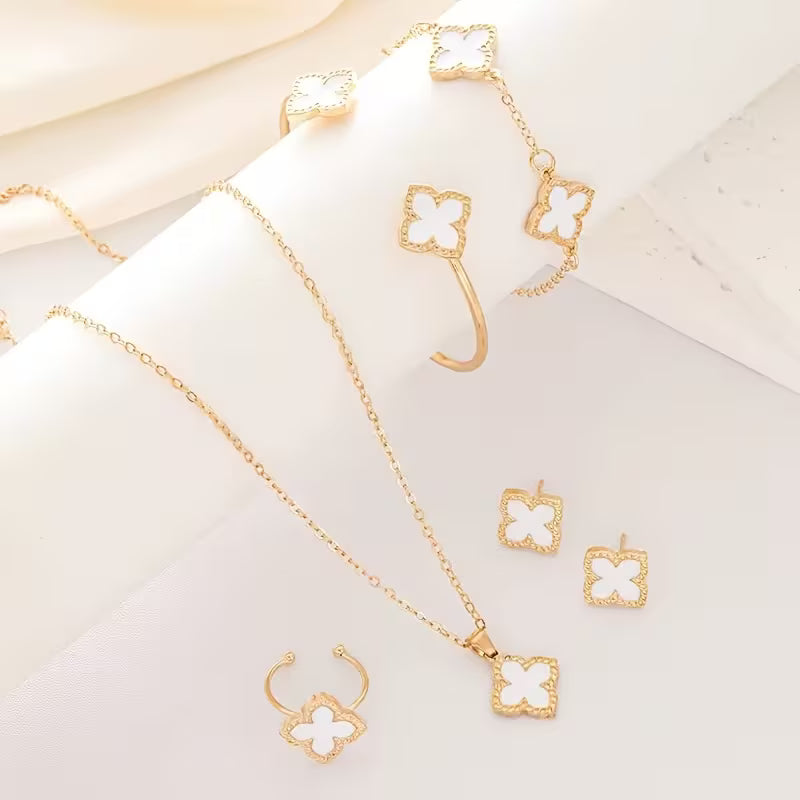 Women's Four-Leaf Clover Plated Matching Suite Bracelet Earrings Necklace Ring Jewelry Set