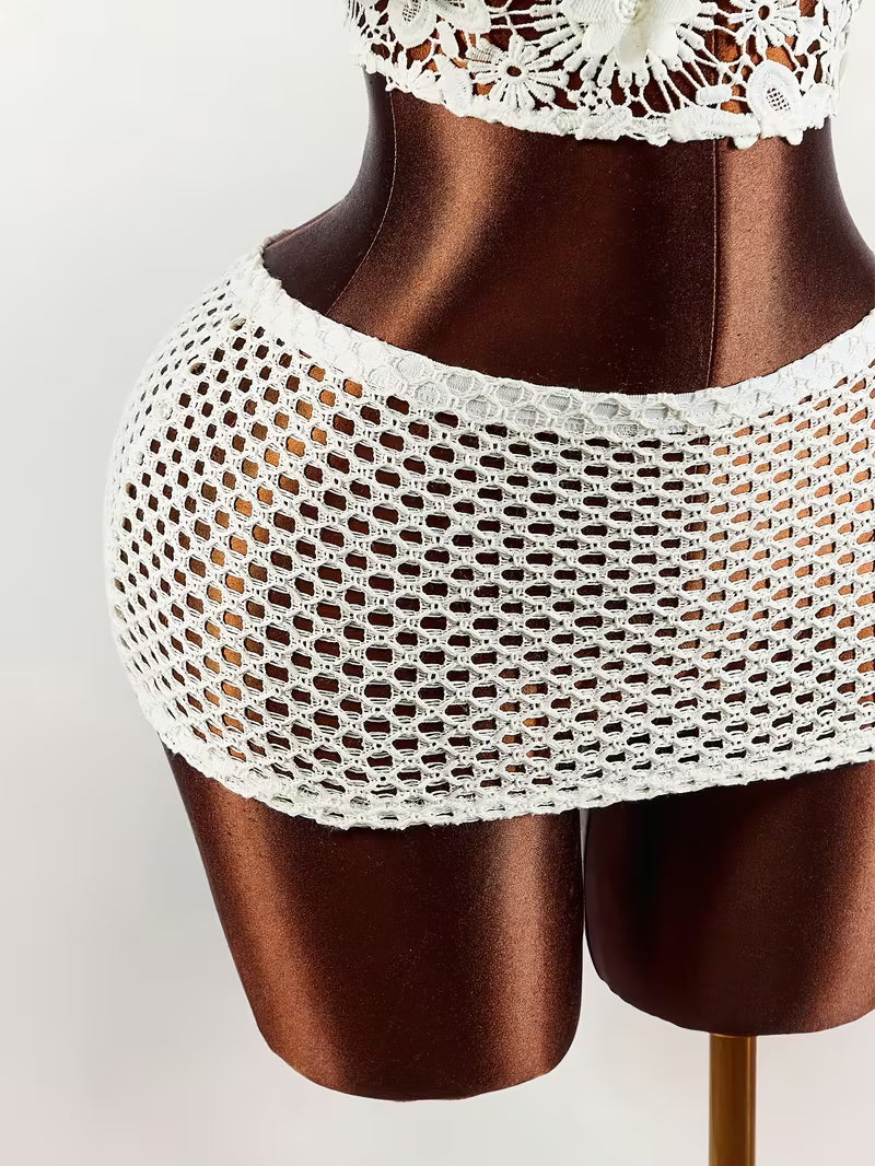 Women's Lace Halter Tie-Back Crop Top Mini Skirt Set