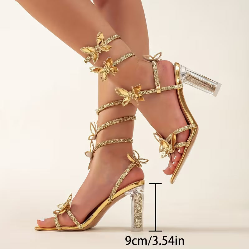 Women's Party High Heel Sandals Crystal Butterfly Wrap Open Toe