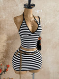 Women's Striped Halter Top And Short Skirt Set Y2K ASD1