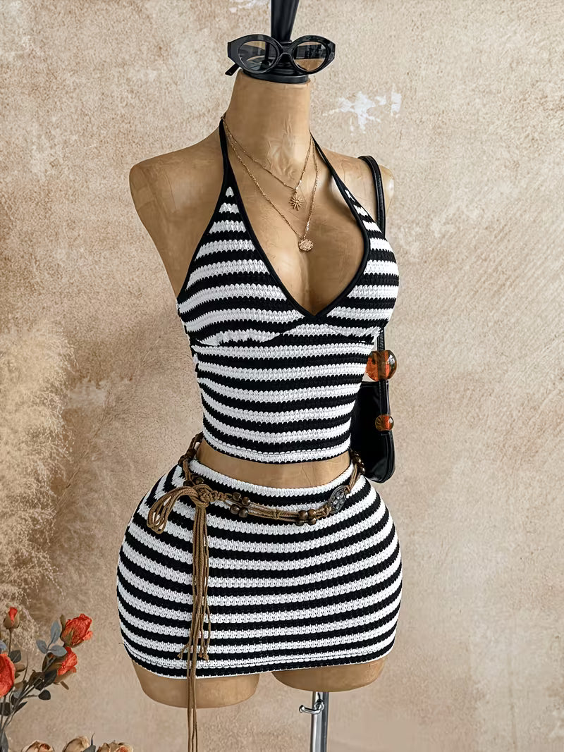 Women's Striped Halter Top And Short Skirt Set Y2K ASD1