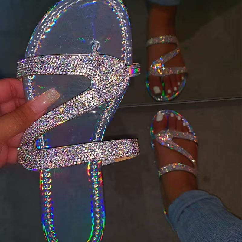 Women's Flat Jelly Slippers Bling Transparent Flip Flops