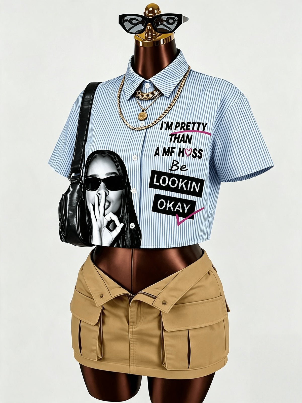 Women's Stylish Striped Portrait Print Lapel Collar Cropped Shirt