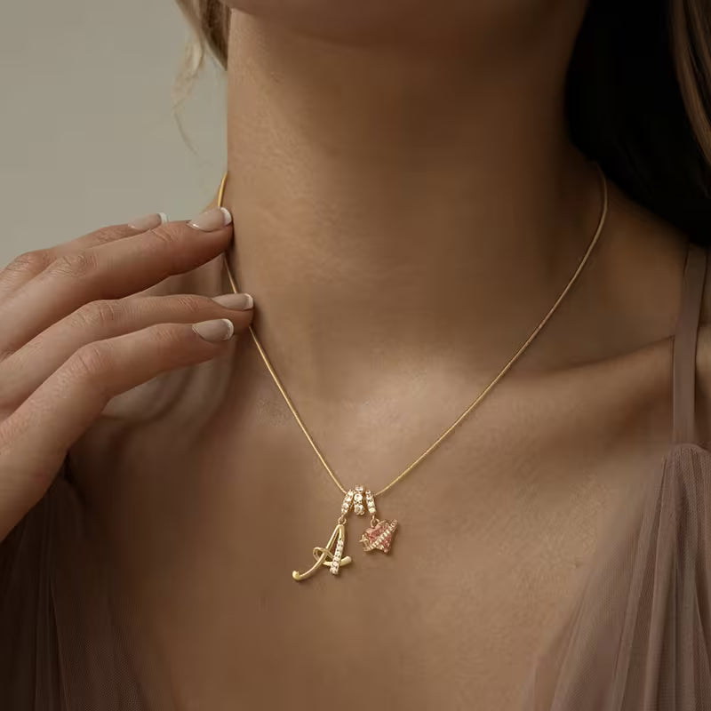 Women's Pink Heart Initial Letter Pendant Clavicle Chain Necklace Jewelry