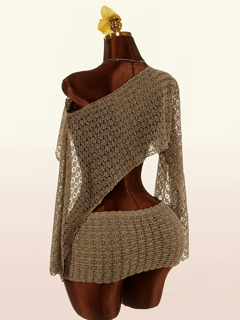 Women's Hollow Crochet Off-Shoulder Flared Sleeve Set