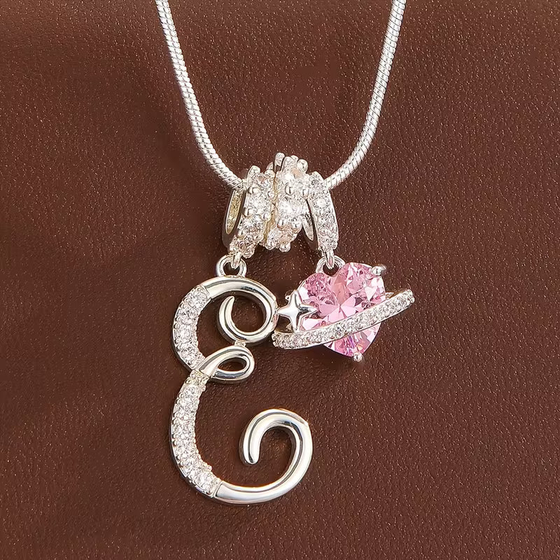 Women's Pink Heart Initial Letter Pendant Clavicle Chain Necklace Jewelry
