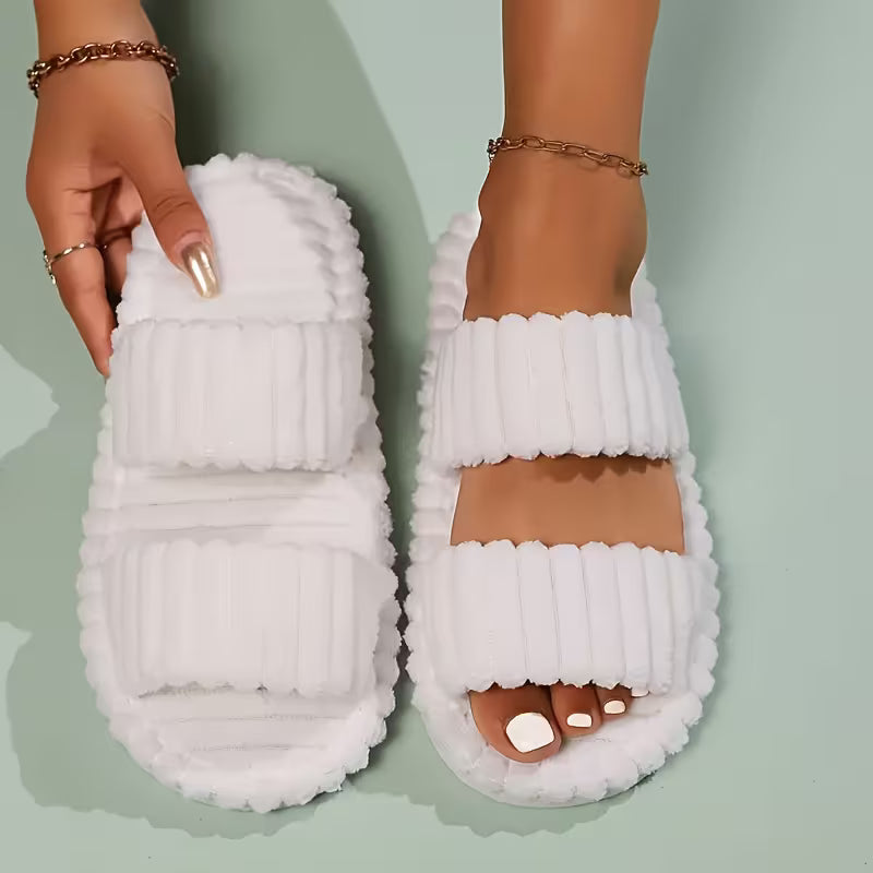 Women's Plush Half-Toe Slippers Striped Open-Toe Indoor Footwear