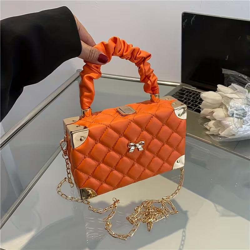 Women's Quilted Mini Box Bag Elegant Ruched Handle