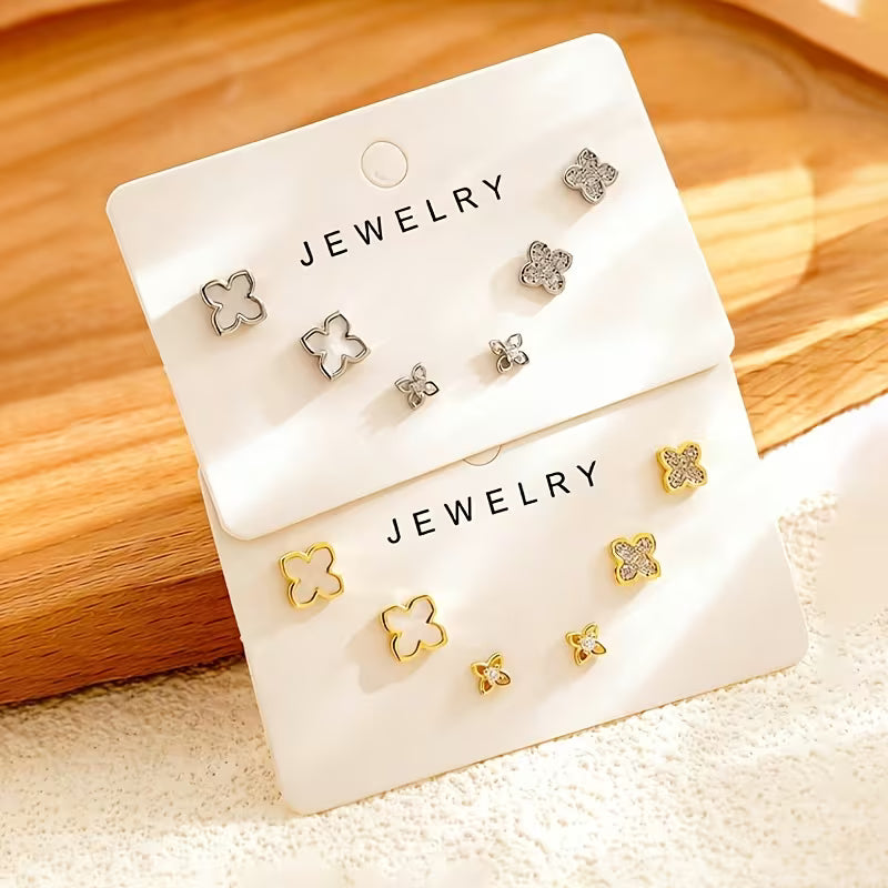 Women's Four-Petal Flower Plated Minimalist Studs Small Hoops Earrings Set