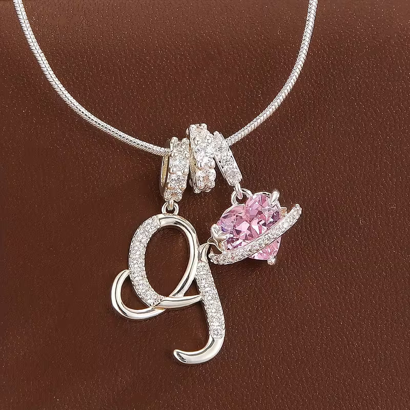 Women's Pink Heart Initial Letter Pendant Clavicle Chain Necklace Jewelry