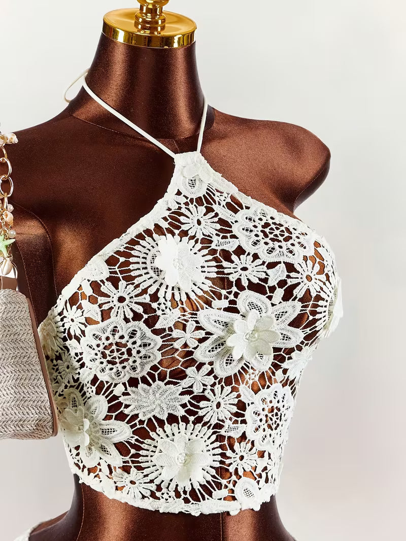 Women's Lace Halter Tie-Back Crop Top Mini Skirt Set