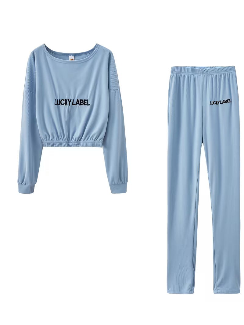 Women's Letter Embroidery Ribbed Two Piece Sweatshirt Pants Set
