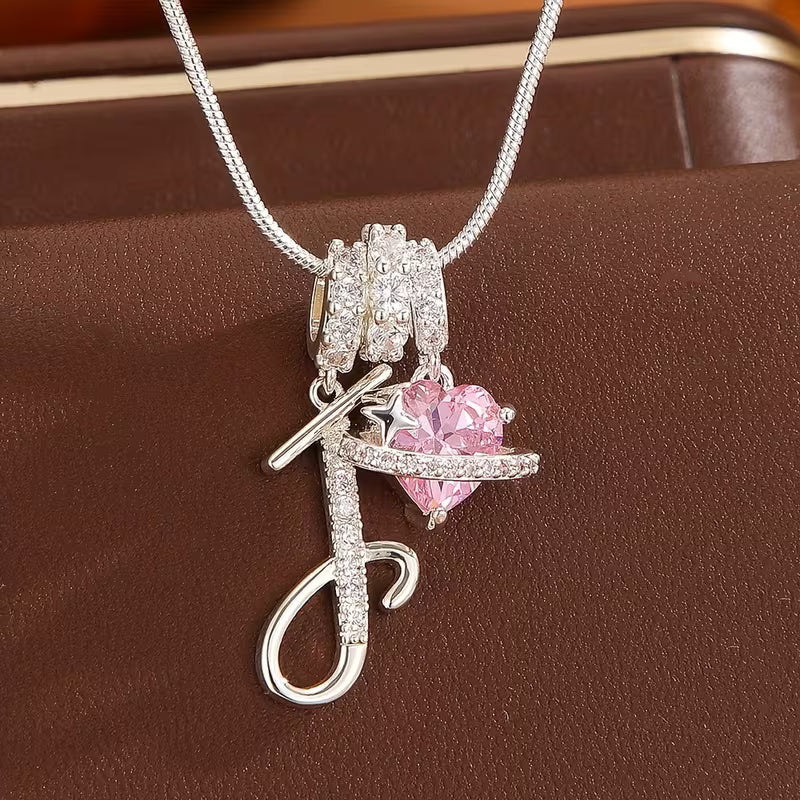 Women's Pink Heart Initial Letter Pendant Clavicle Chain Necklace Jewelry