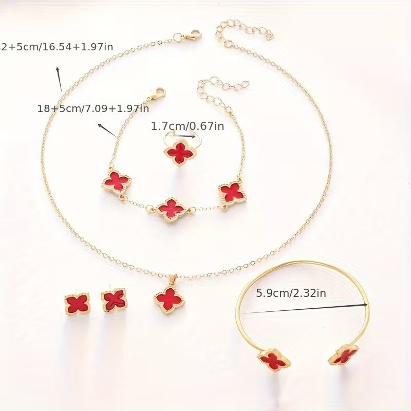 Women's Four-Leaf Clover Plated Matching Suite Bracelet Earrings Necklace Ring Jewelry Set