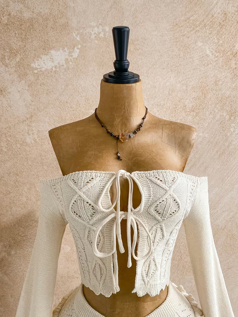 Women's Fashionable Shoulder Tie Front 2-Piece Sweater Set
