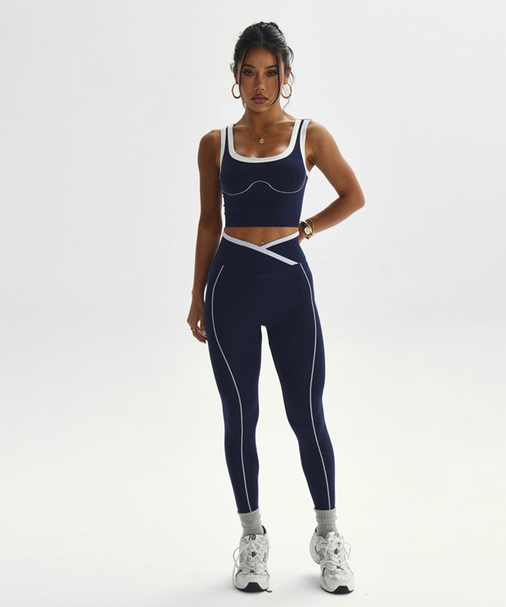Women's Scoop Neck Crossover Leggings Activewear Suit Elegant Workout DEHX01062