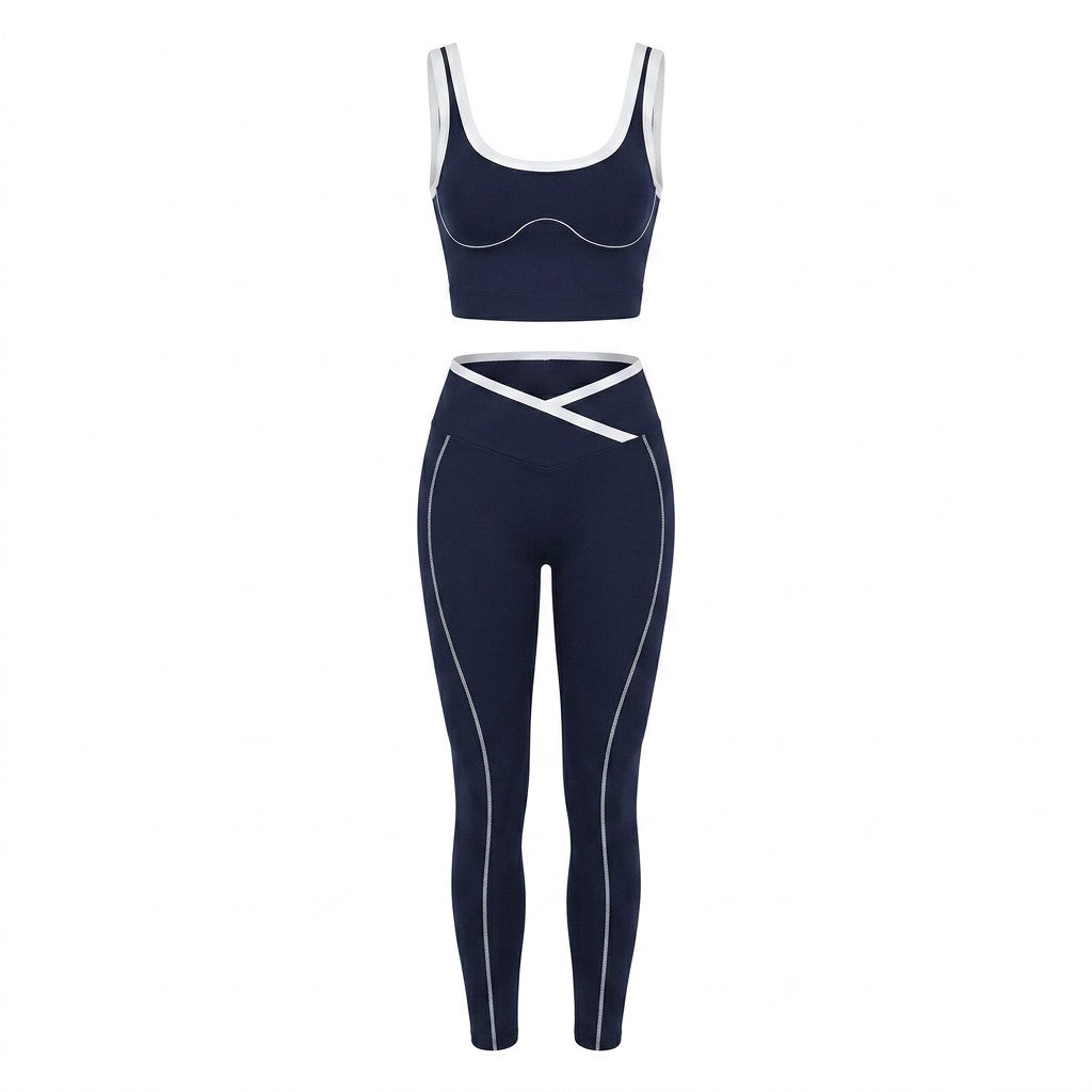 Women's Scoop Neck Crossover Leggings Activewear Suit Elegant Workout DEHX01062