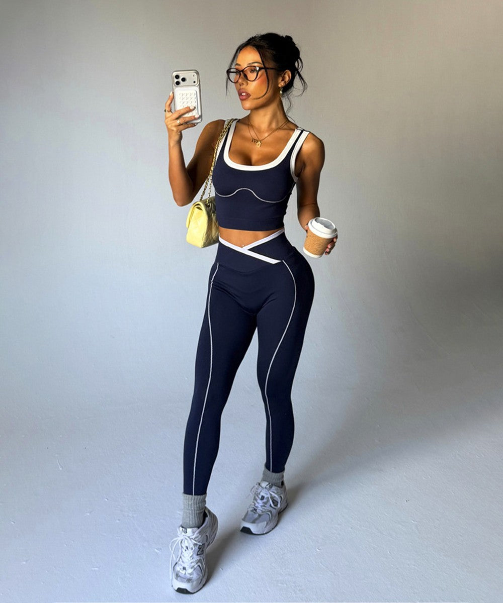 Women's Scoop Neck Crossover Leggings Activewear Suit Elegant Workout DEHX01062