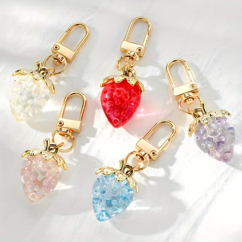Women's Realistic Transparent Strawberry Pendant Bag Charm Keychain Jewelry