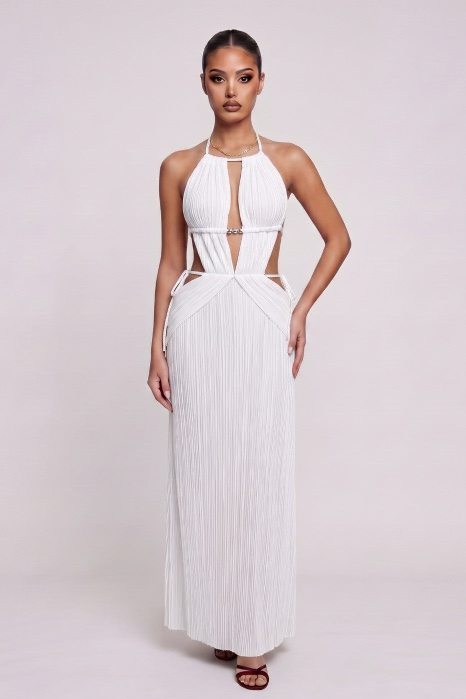 Women's Pleated Halter Cutout Maxi Dress Elegant Vacation MD4391