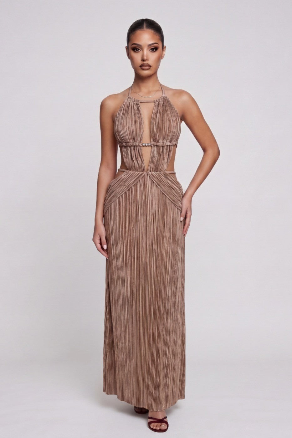 Women's Pleated Halter Cutout Maxi Dress Elegant Vacation MD4391