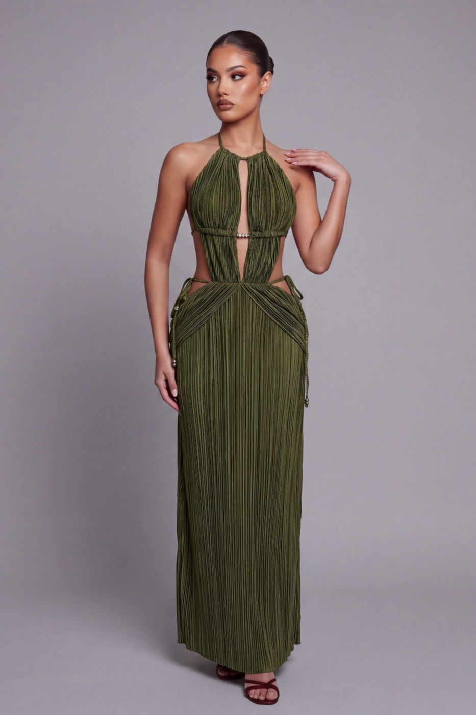 Women's Pleated Halter Cutout Maxi Dress Elegant Vacation MD4391