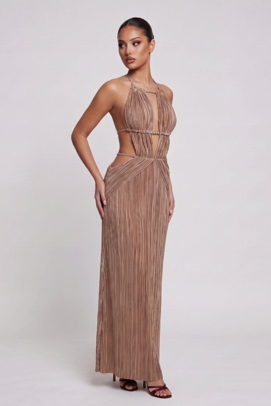 Women's Pleated Halter Cutout Maxi Dress Elegant Vacation MD4391