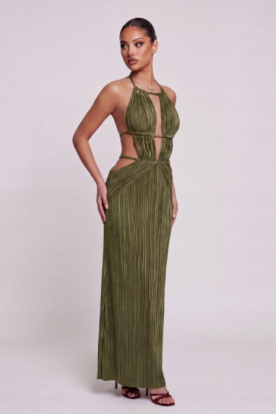 Women's Pleated Halter Cutout Maxi Dress Elegant Vacation MD4391