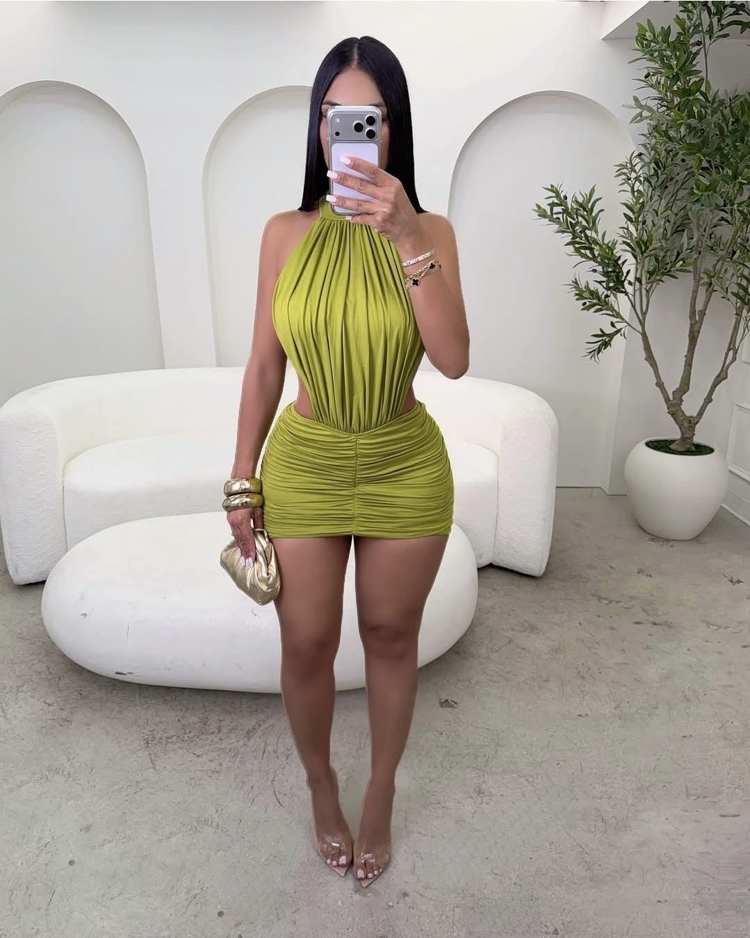 Women's Ruched Halter Cutout Cocktail Dress Elegant Sleeveless Party XD4198