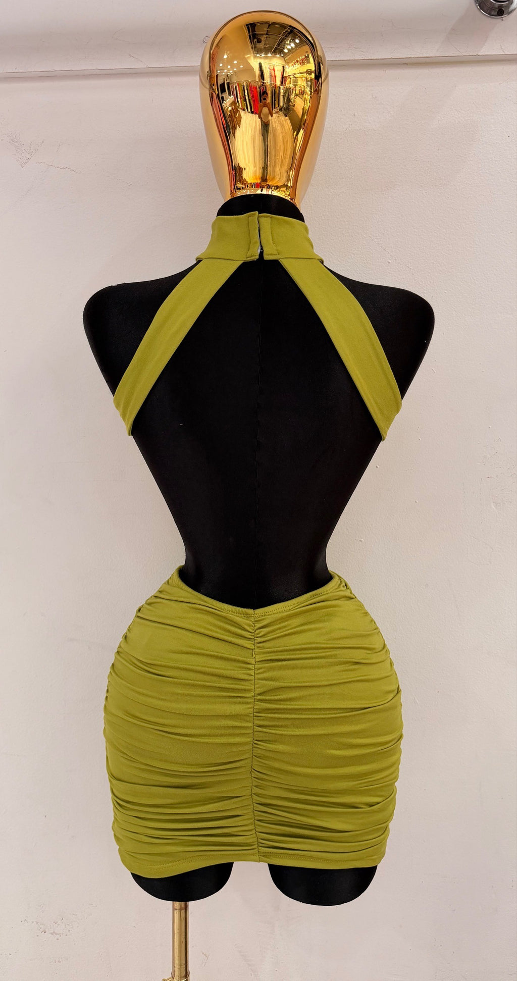 Women's Ruched Halter Cutout Cocktail Dress Elegant Sleeveless Party XD4198