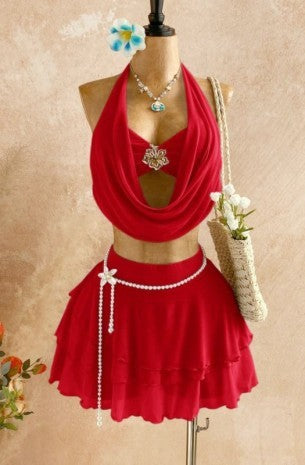 Women's Draped Halter Floral Ruffle Two Piece Set SRGDEDRF-7918-BS