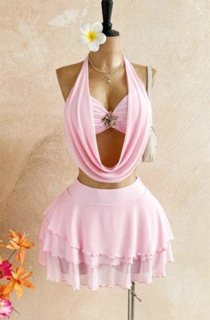 Women's Draped Halter Floral Ruffle Two Piece Set SRGDEDRF-7918-BS