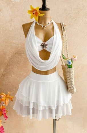 Women's Draped Halter Floral Ruffle Two Piece Set SRGDEDRF-7918-BS