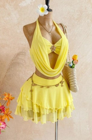 Women's Draped Halter Floral Ruffle Two Piece Set SRGDEDRF-7918-BS